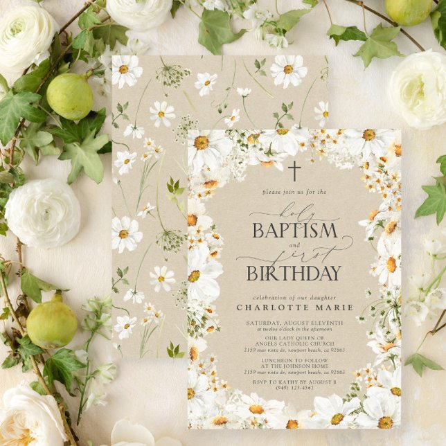 Daisy Holy Baptism & 1st Birthday Floral Girl Invitation (Easily personalize this beautiful baptism and first birthday invitation with your personal details)