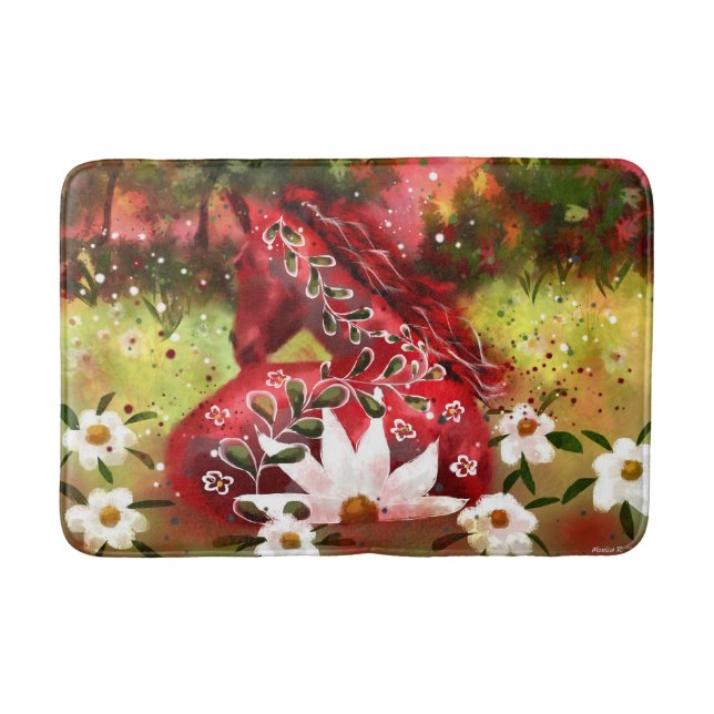 Daisy Horse Abstract Art Red White Green Floral Bath Mat (Front)