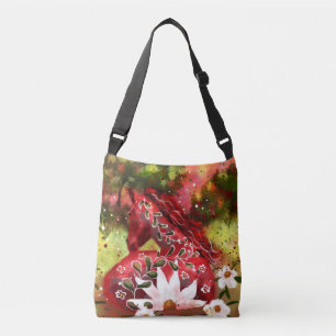 Daisy Horse Abstract Art Red White Green Floral Crossbody Bag