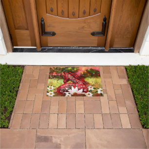Daisy Horse Abstract Art Red White Green Floral Doormat