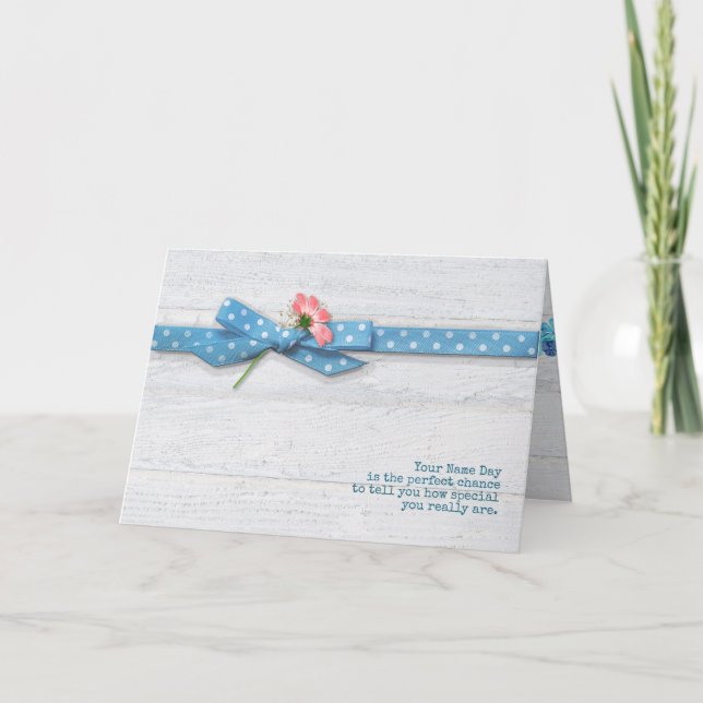 daisy in polka dot ribbon Name Day Card (Front)