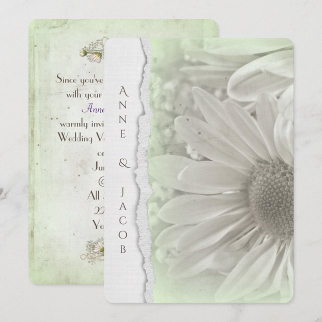 daisy in soft green hue with torn paper edge invitation (Front/Back)