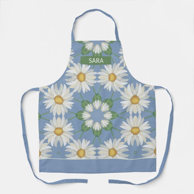 Daisy Kaleidoscope Pattern on Sky Blue Background Apron (Front)