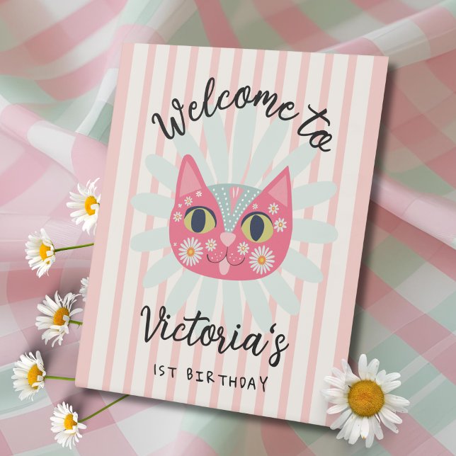 Daisy Kitty Face Purr-fect Birthday Party Pedestal Sign (Creator Uploaded)