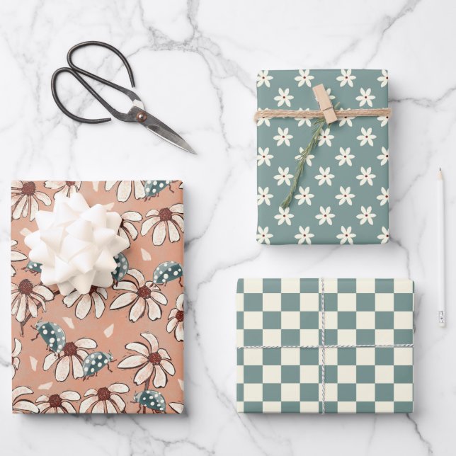 Daisy Ladybug and Chequerboard  Wrapping Paper Sheet (Front)