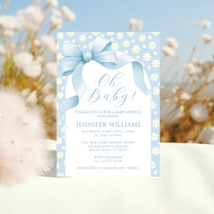 Daisy Light Blue Floral Bow Ribbon Baby Boy Shower Invitation