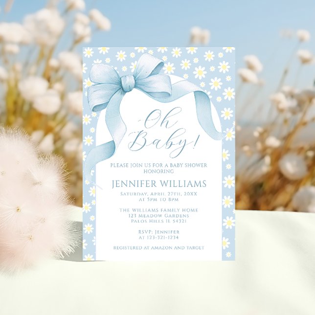 Daisy Light Blue Floral Bow Ribbon Baby Boy Shower Invitation (Creator Uploaded)