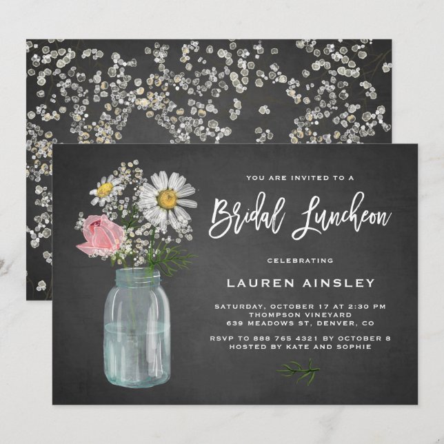 Daisy Mason Jar Chalkboard Rustic Bridal Luncheon Invitation (Front/Back)