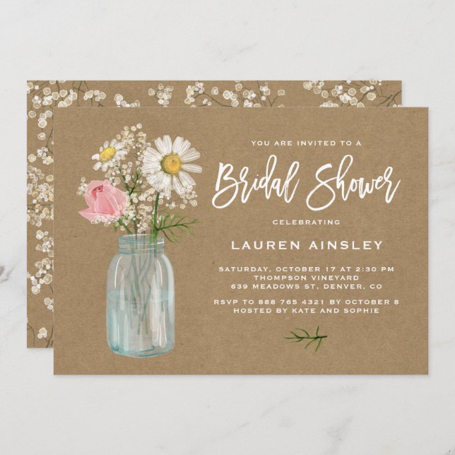 Daisy Mason Jar Kraft Paper Fall Bridal Shower Invitation (Front/Back)