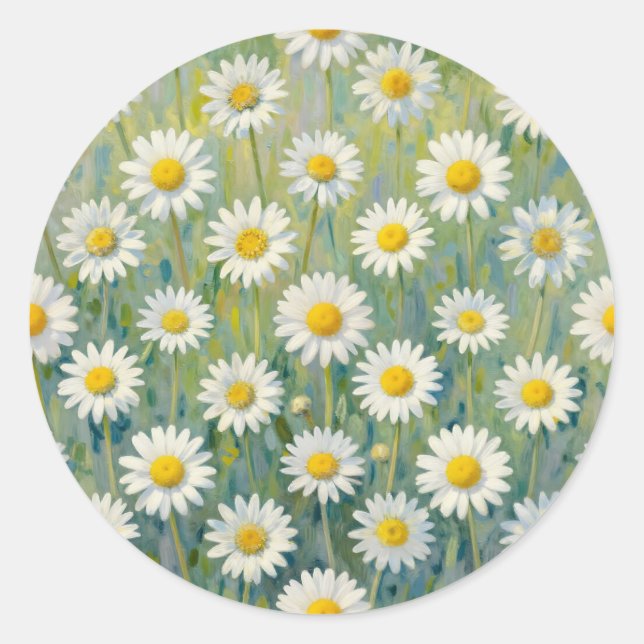 Daisy Meadow Impressionist Floral Pattern Classic Round Sticker (Front)