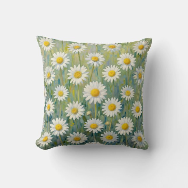 Daisy Meadow Impressionist Floral Pattern Cushion (Front)
