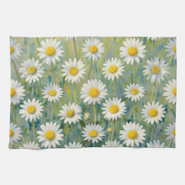 Daisy Meadow Impressionist Floral Pattern Tea Towel (Horizontal)