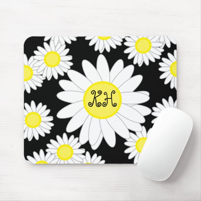 Daisy Monogram Black White and Yellow Mouse Pad (With Mouse)