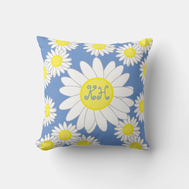 Daisy Monogram Blue White and Yellow  Cushion (Front)