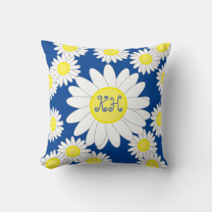 Daisy Monogram Navy Blue White and Yellow Cushion