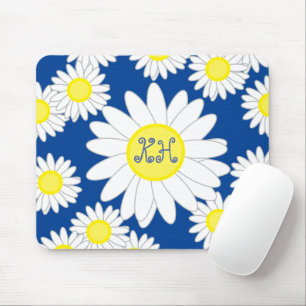 Daisy Monogram Navy Blue White and Yellow Mouse Pad