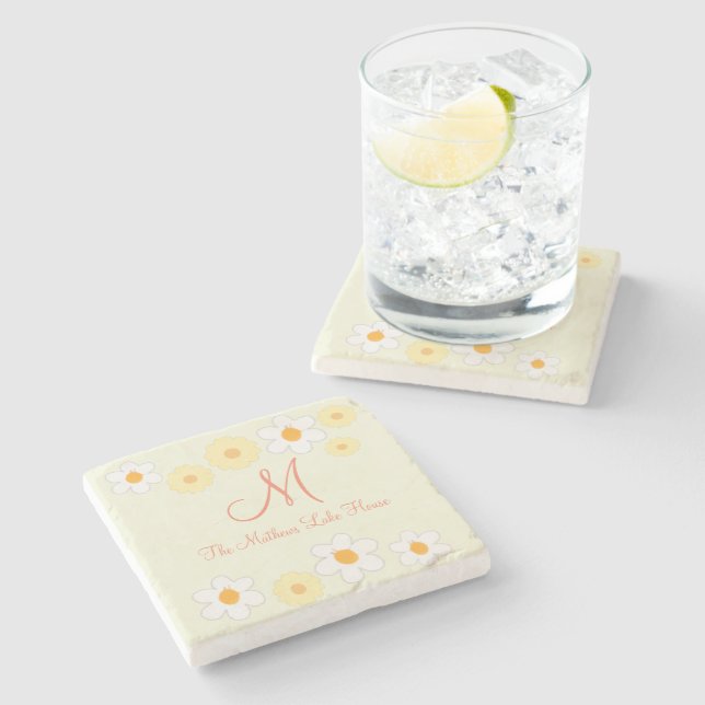 Daisy Monogram Stone Coaster (Side)