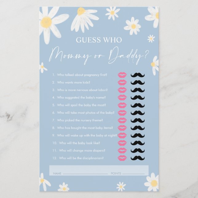 Daisy Mummy or Daddy, Dusty Blue Guest Who Game (Front)