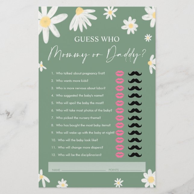 Daisy Mummy or Daddy, Sage Green Guest Who Game (Front)