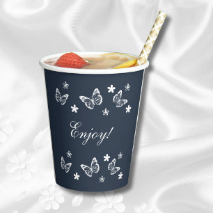 Daisy Navy Blue White Butterfy Bridal Shower Paper Cups