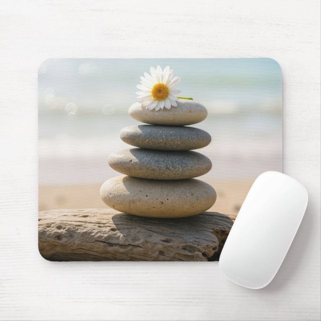 Daisy on a Stone Beach Cairn and Driftwood Mouse Pad (With Mouse)