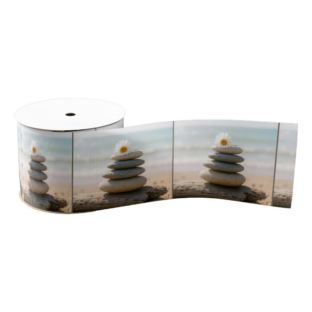 Daisy on a Stone Beach Cairn With Driftwood Grosgrain Ribbon (Spool)