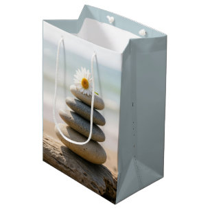 Daisy on a Stone Beach Cairn With Driftwood Medium Gift Bag