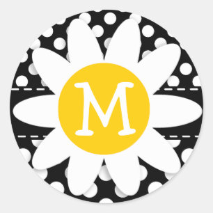 Daisy on Black and White Polka Dots Classic Round Sticker