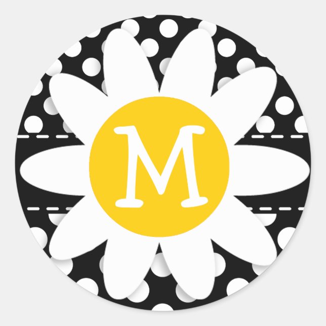 Daisy on Black and White Polka Dots Classic Round Sticker (Front)