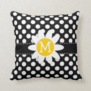 Daisy on Black and White Polka Dots Cushion