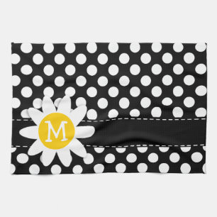 Daisy on Black and White Polka Dots Tea Towel