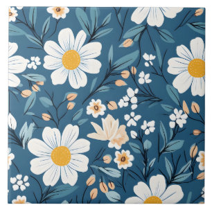 Daisy on Blue Floral Flower Ceramic Tile