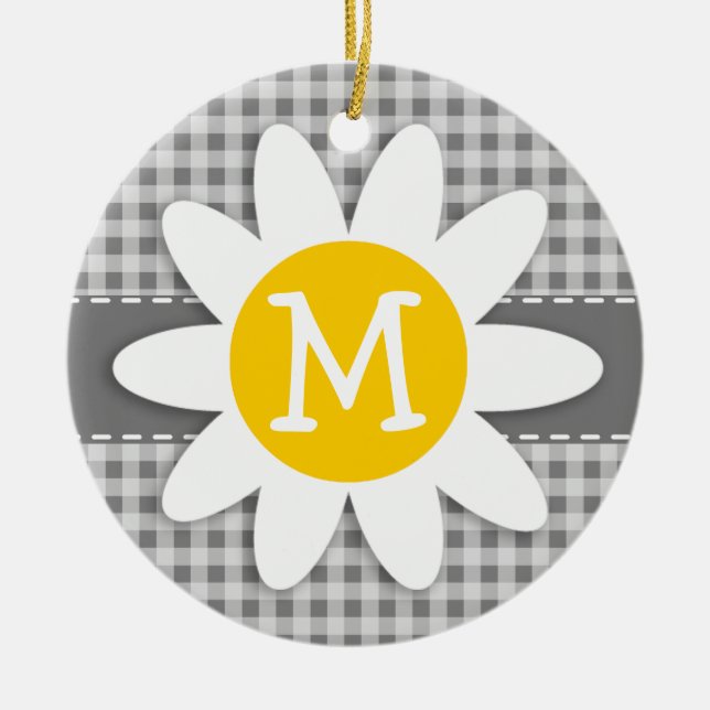 Daisy on Grey Gingham Ceramic Tree Decoration (Front)