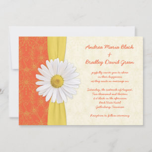 Daisy Orange, Yellow, Ivory Wedding Invitation