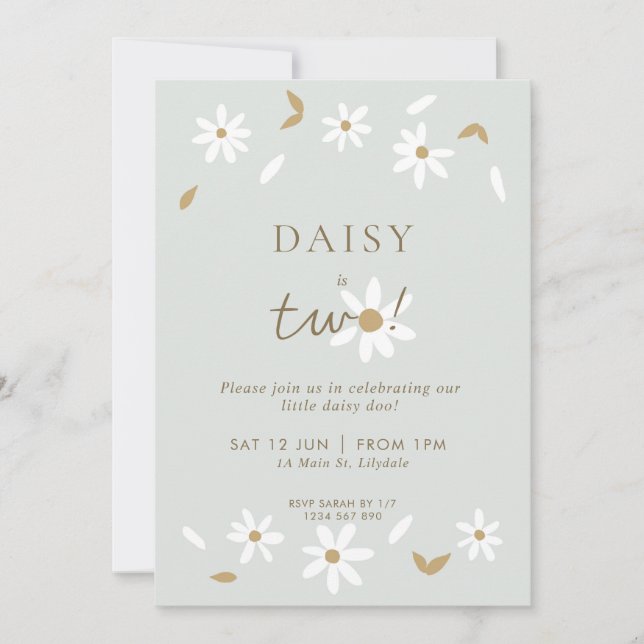 Daisy Party 2nd Birthday Invitation - Sage (Front)