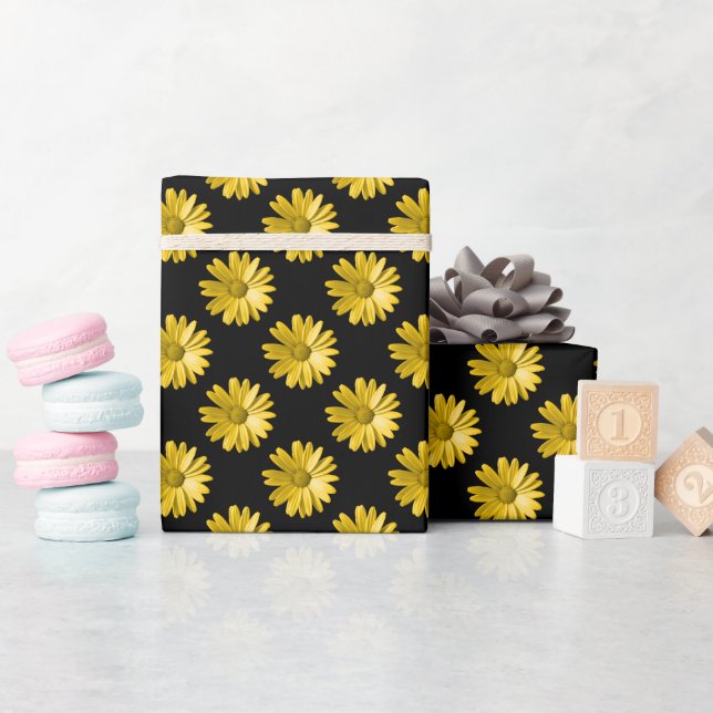 Daisy Pattern - Amber on Black Wrapping Paper (Baby Shower)