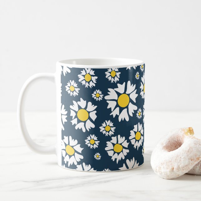 Daisy Pattern, Floral Pattern, White Daisies Coffee Mug (With Donut)