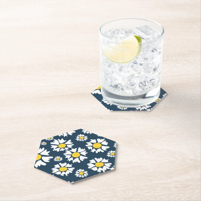 Daisy Pattern, Floral Pattern, White Daisies Paper Coaster (Insitu)