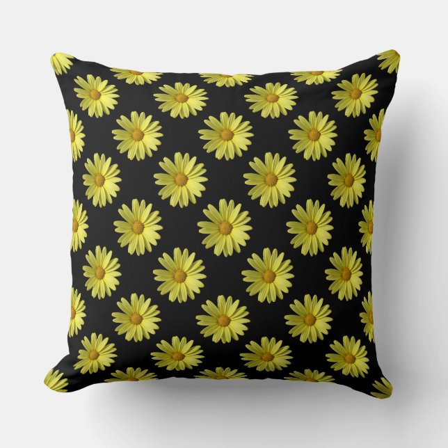Daisy Pattern - Full Colour on Black Cushion (Front)