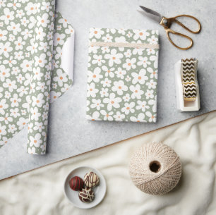 Daisy Pattern Groovy Preppy Floral Sage Green Wrapping Paper