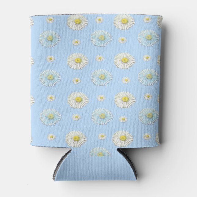Daisy Pattern on light blue background  Can Cooler (Front)