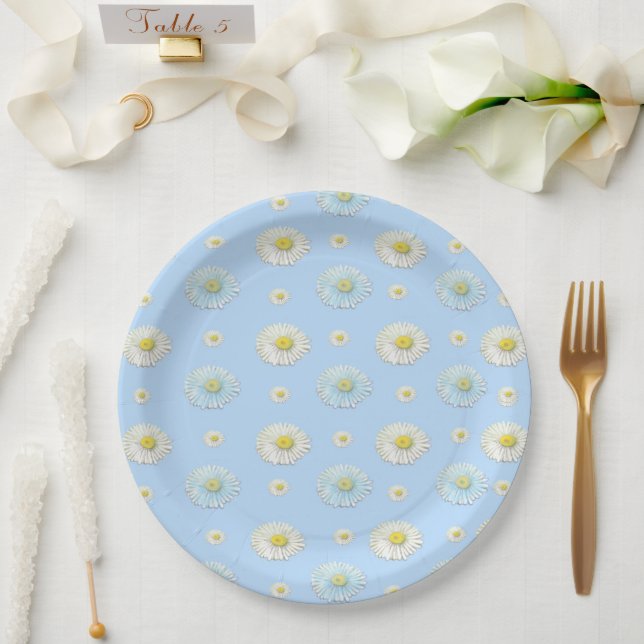 Daisy Pattern on light blue background  Paper Plate (Wedding)