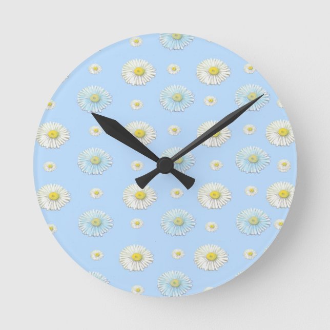 Daisy Pattern on light blue background  Round Clock (Front)