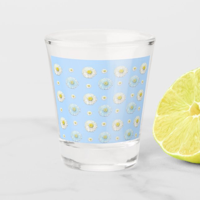 Daisy Pattern on light blue background  Shot Glass (Front)