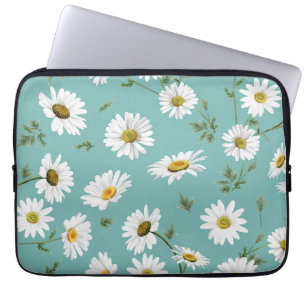Daisy Pattern, Teal Background Laptop Sleeve