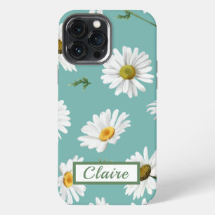 Daisy Pattern, Teal Background, Personalised iPhone 13 Pro Max Case
