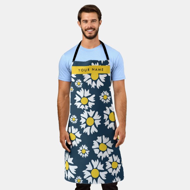 Daisy Pattern, White Daisies, Your Name Apron (Worn)