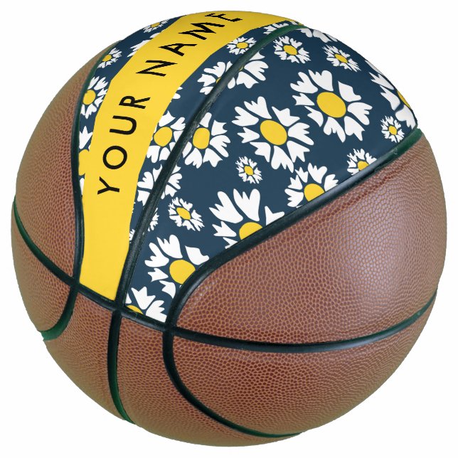 Daisy Pattern, White Daisies, Your Name Basketball (Angled)