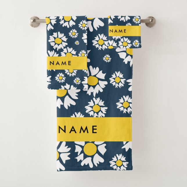 Daisy Pattern, White Daisies, Your Name Bath Towel Set (Insitu)