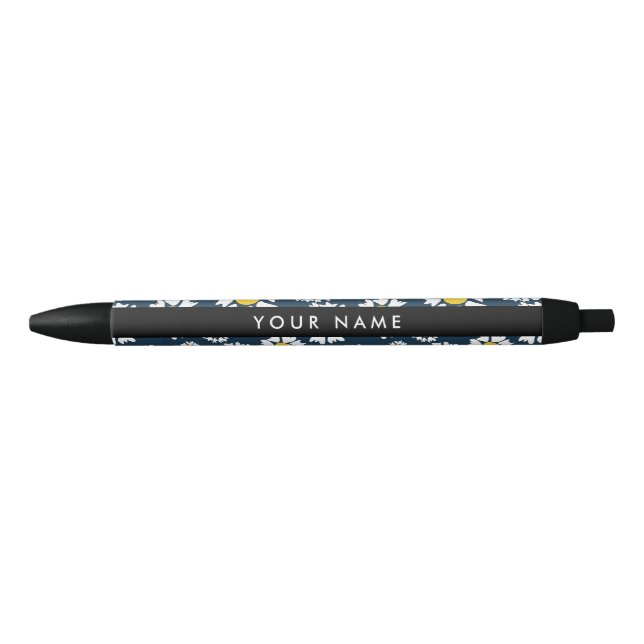 Daisy Pattern, White Daisies, Your Name Black Ink Pen (Front)